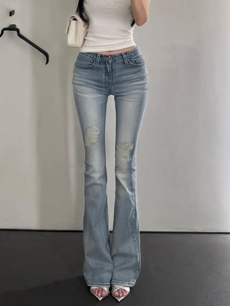 

GUSE Summer 2025 Waed out Micro Flared Jeans Long Pants Torn Hole White Wear Casual Wide Leg l Waist Zipper Blue