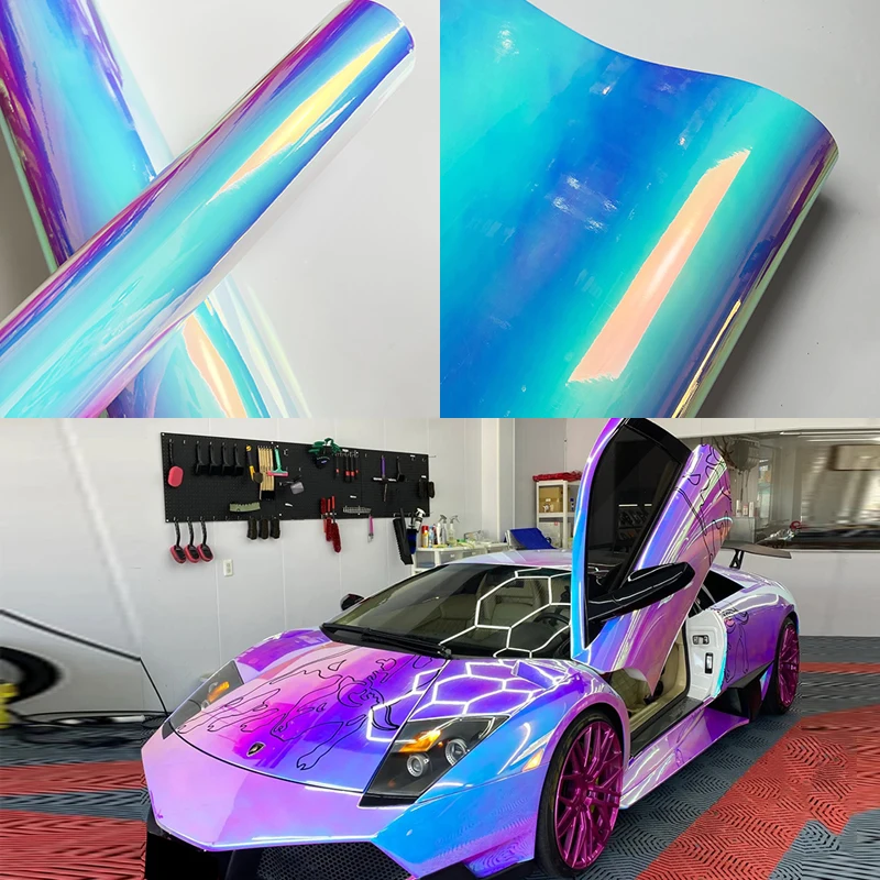 

Premium Glossy Holographic Rainbow White Mirror Vinyl Wrap Film Self Adhesive Car Motorcycle Sticker Decal With Air Release