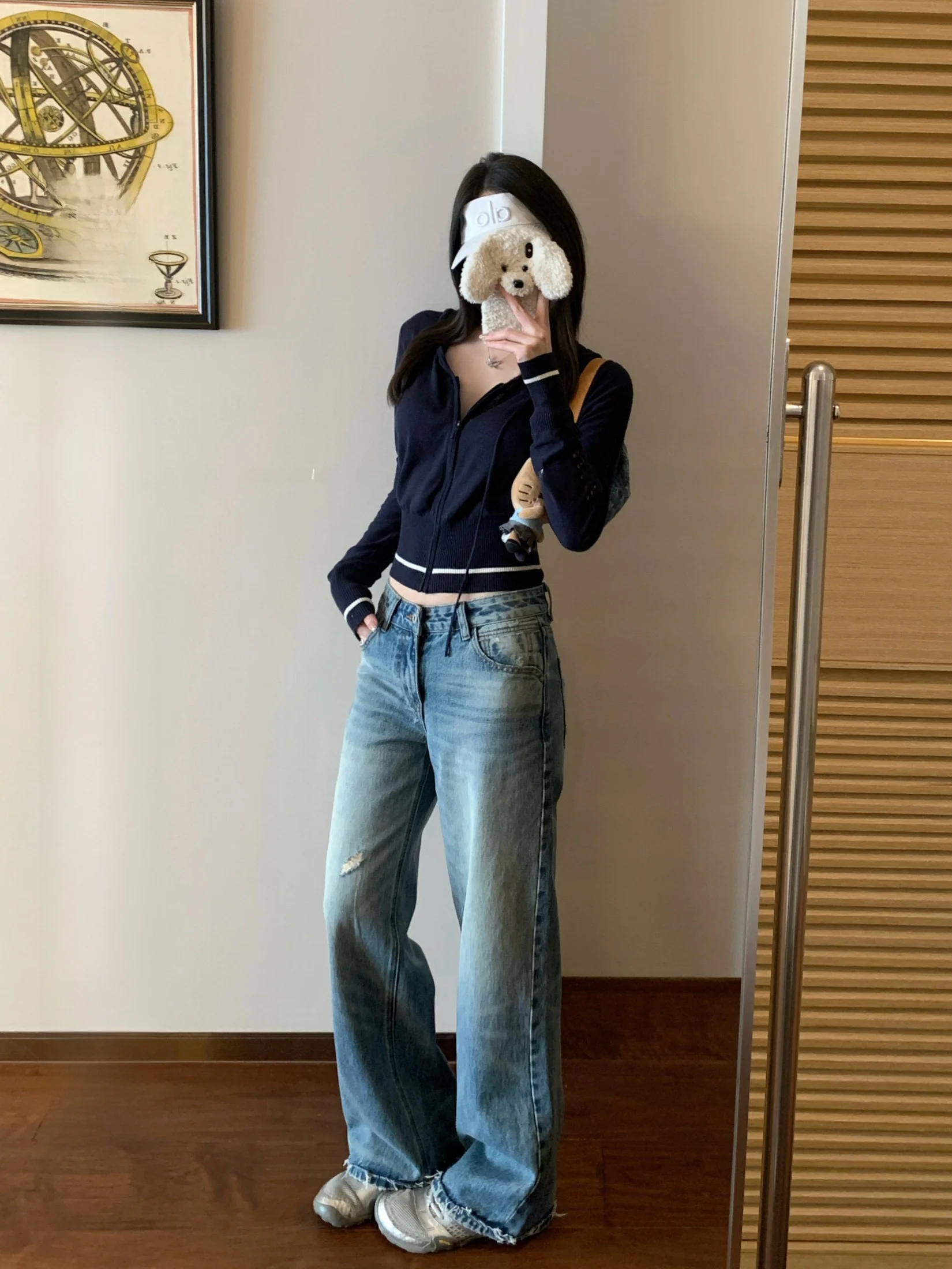 

Ego Studio Blue Waed Distred Straight Leg Jeans Women's Casual Versatile Long Trousers Cotton l Waist Hole Punch