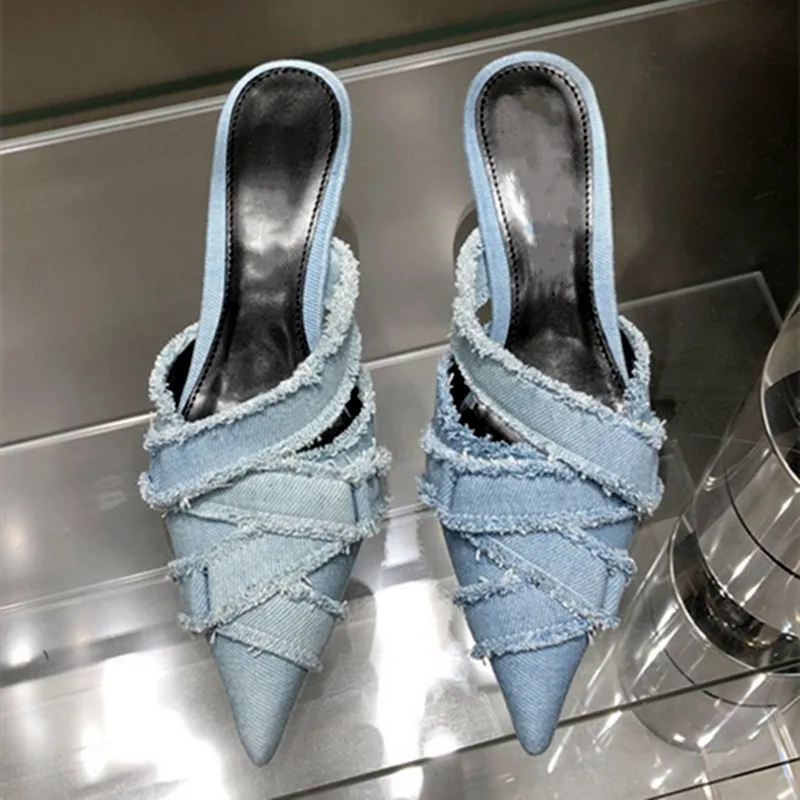 Sexy Denim Low Heel Slippers Women Summer Elegant Sandals Shallow Pointed Toe Mules Stripper High Heel Pumps Ladies Slide Shoe