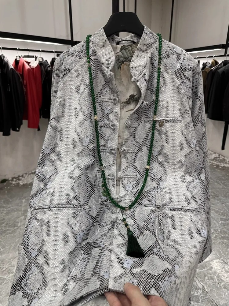 Vintage New Mens Snake Pattern Sheepskin Genuine Leather Jacket Chinese Style Stand Collar Loose Fit Casual Outerwear Coat Male