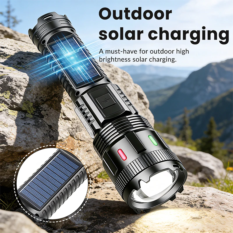 2026 900000000LM Solar Flashlight Powerful Long Range Portable Tactical Torch Solar Charge Emergency Lantern Outdoor Camping