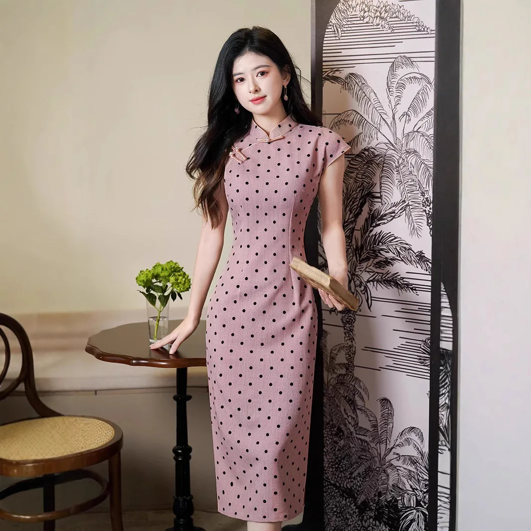 

Yourqipao 2025 Spring and Summer New Pink Polka Dot Cheongsam Young Girl's Daily Slim Long Dress