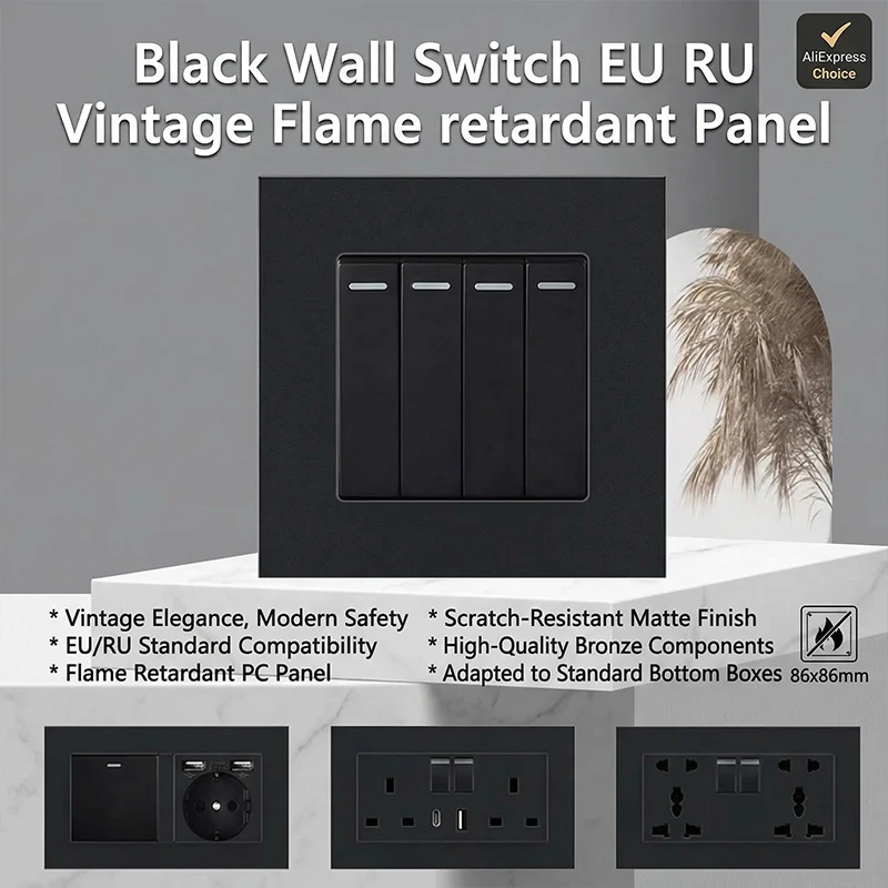 Black Wall Switch EU RU Vintage Flame retardant Panel 1 Gang 1 Way Wall Rocker Switch On/Off 16A AC 250V Russian socket