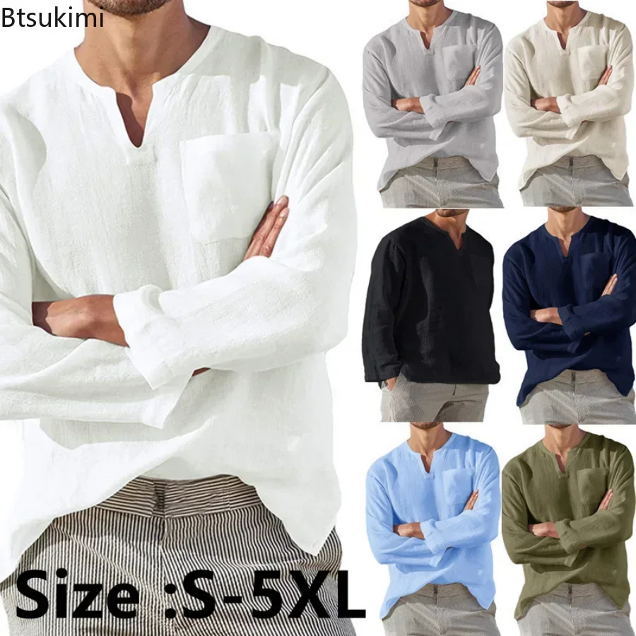 

2025 Men's Casual Cotton Linen Shirts Blouse Fashion Shirts Male Beachwear Solid Long Sleeve Loose Pocket Blouse Tops Man 5XL