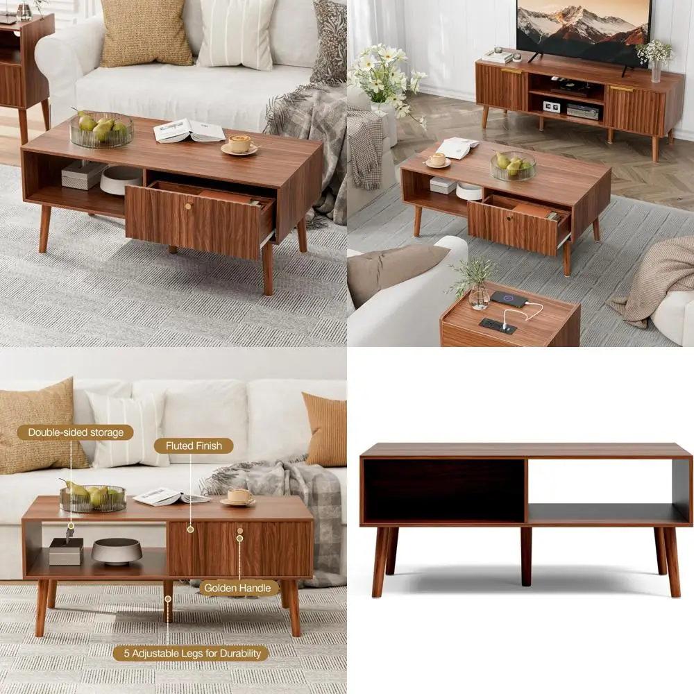 

Журнальный столик для хранения вещей середины века, обеденный стол с рифленым ящиком и ножками из массива дерева, компактные журнальные столики для гостиных