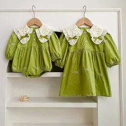 2024Girls' Spring and Autumn New Long-Sleeve Jumpsuit Butterfly Collar Embroidery Sisters Outfit Dress