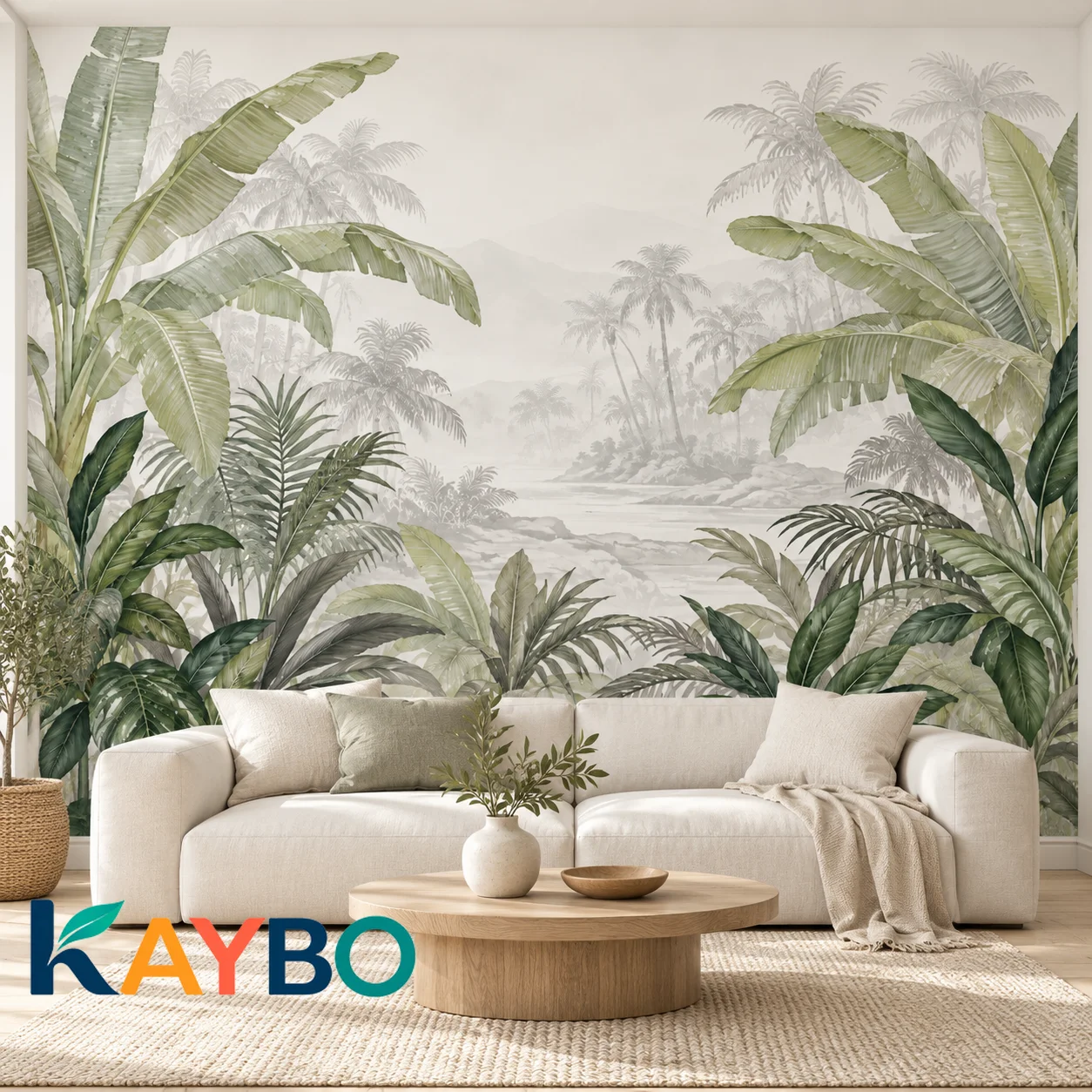 Tropical Wallpaper Mural, Palm Leaf Wall Decor, Misty Jungle Scenery, Botanical Living Room Bedroom Decor Art, Non Self Adhesive