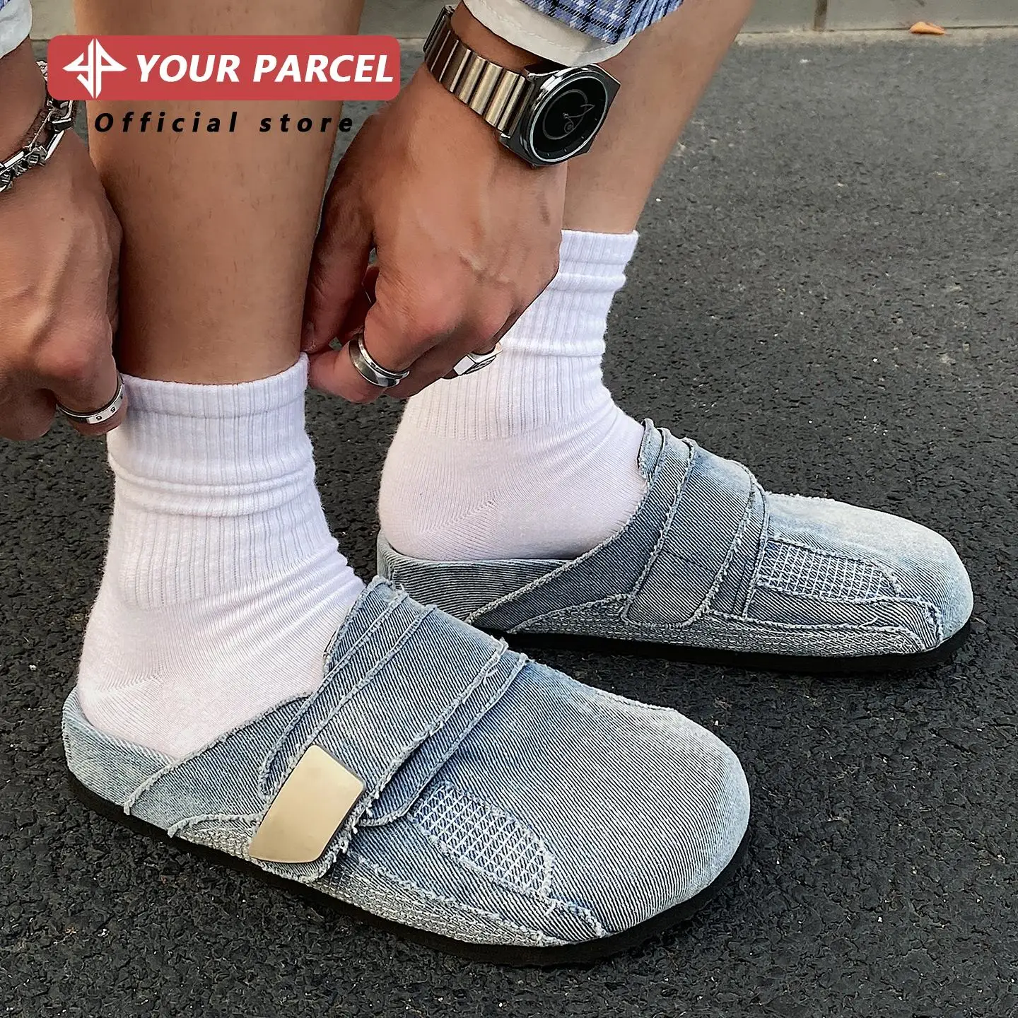 Washed denim cloth Boken shoes for men retro distressed design casual outdoor slippers backless and cork couple Mueller shoes