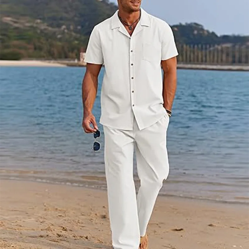 

Quick drying breathable vacation men's summer cotton blend two-piece casual beach shirt loose shorts set wearing multiple colors