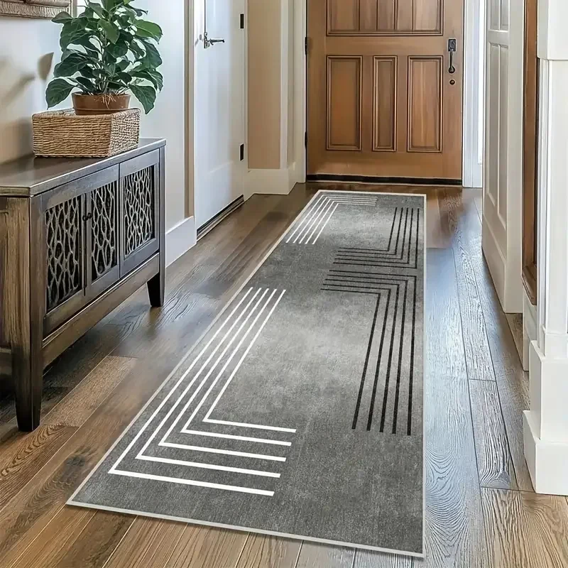 VIKAMA Modern Abstract Geometric Hallway Runner Rug, Grey Black White Line Non-Slip Floor Mat for Corridor & Entryway