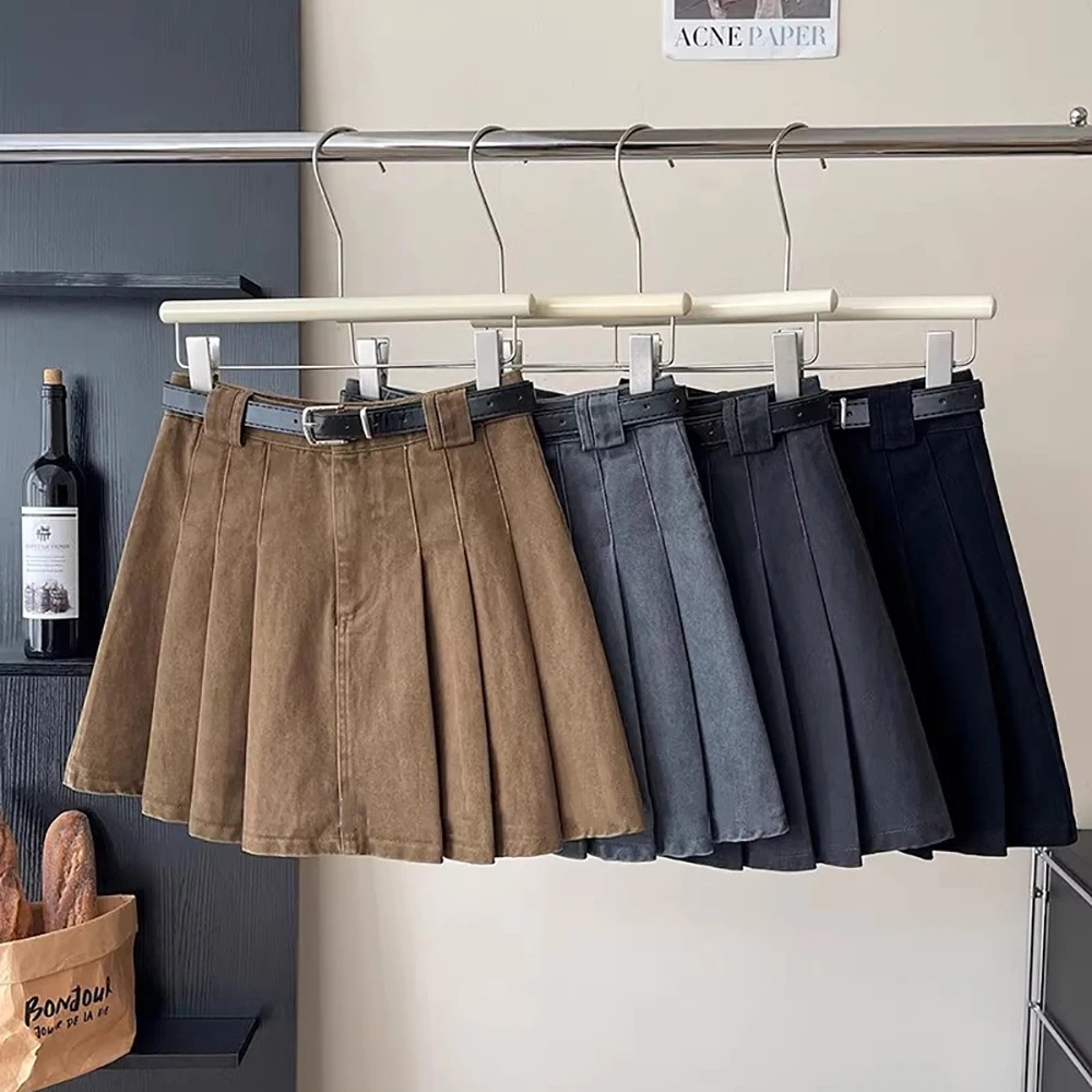 

Женская винтажная плиссированная джинсовая юбка, весенне-осенняя короткая джинсовая юбка трапециевидной формы с высокой талией, корейские темпераментные универсальные черные юбки