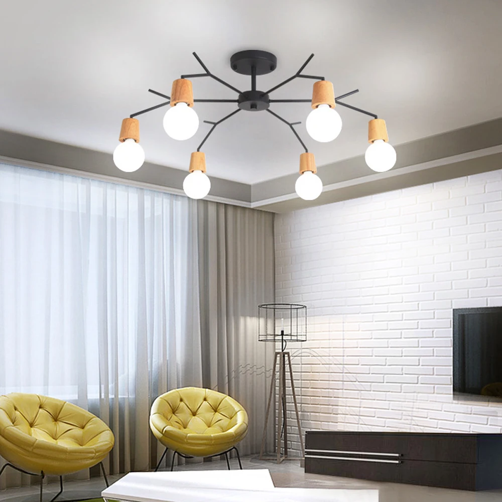 Modern Wood Ceiling Light Fixture Vintage Sputnik Chandelier Multiple Ceiling Lamp E27 LED Loft Living Room Home Decor Lighting