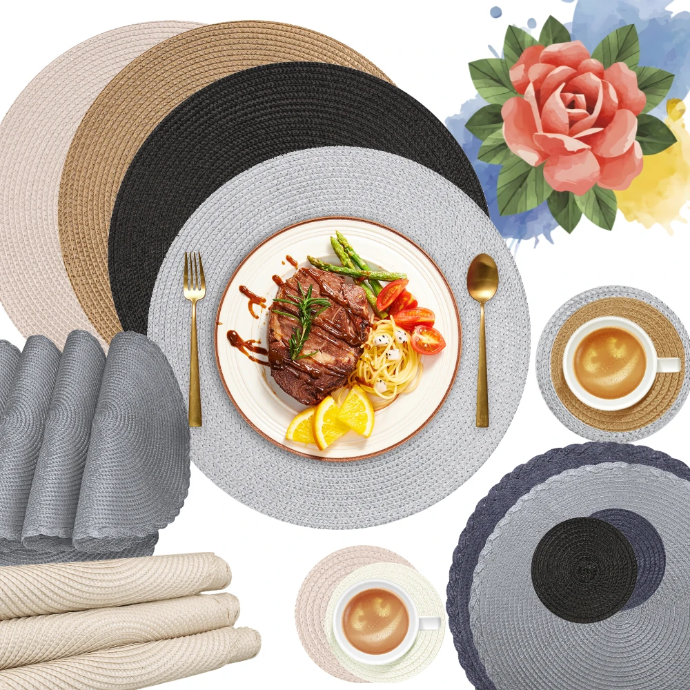 6-teilige runde geflochtene Tischmatte mit 6-teiligen Tassenuntersetzern, hitzebeständige, waschbare, rutschfeste Tischsets für Küchen-Esstisch-Pads
