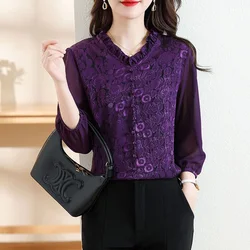 2024 New Summer Chic Elegant Fashion Bohemian Retro Office Lady Women's Shirt Lace Solid Color Print V Neck 3/4 Sleeve Y2K Tops