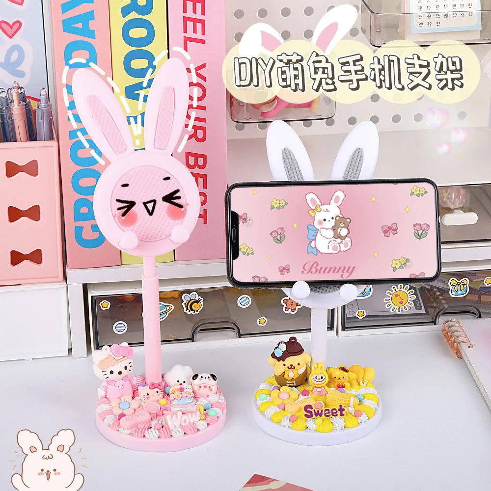 

Cartoon Cute Cream Glue Handmade Diy Material Bag Rabbit Phone Holder Desktop Can Be Lifted To Support The Phone Back Clip