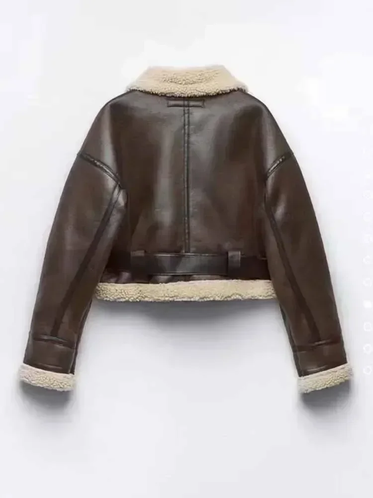 Nueva moda para mujer, chaqueta informal holgada de piel sintética de doble cara, abrigo retro de manga larga con cremallera para mujer