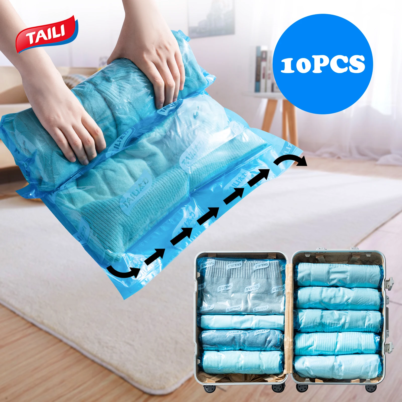 

TAILI 10Pcs Roll-up Travel Compression Bags for Clothes Luggage Space Saver Bags Reusable Air Vacuum Bags for Packing Suitcases