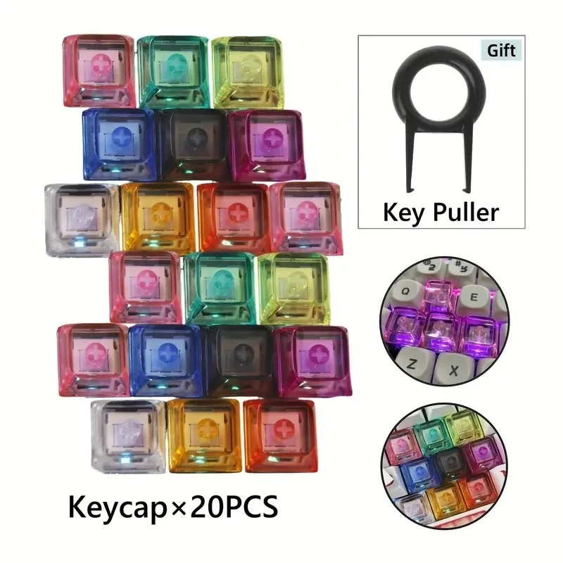 20pcs Xda2 High Transparency Keycaps,PC Material,Multi-Color Mechanical Keyboard Mx Cross Keycaps with 1pc Key Puller