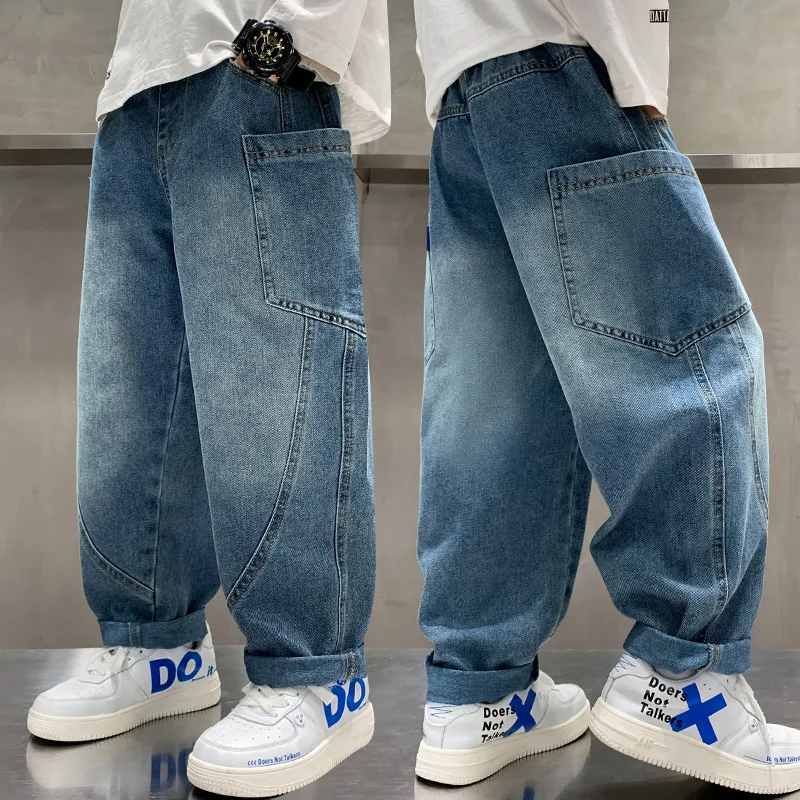 Brief Style Kids Boys Patchwork Baggy Jeans With Side Pocket Age 5-14 Year Old Child Fashion Relaxed Fit Denim Cargo Pants
