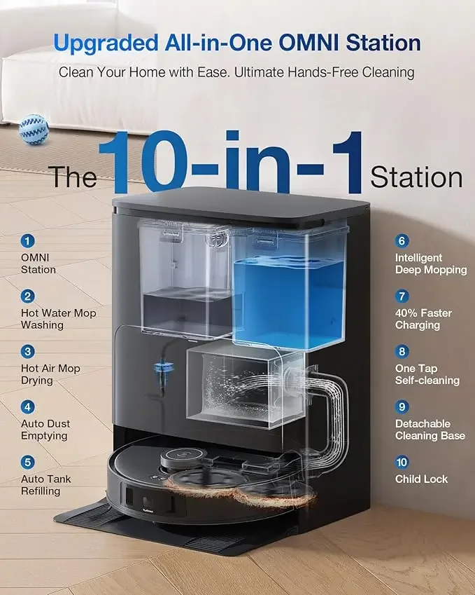 Robot Vacuum ZeroTangle Technology, TruEdge Adaptive Edge Mopping, Hot Water Mop Washing, Self-Emptying, Auto-Mop Lifting,