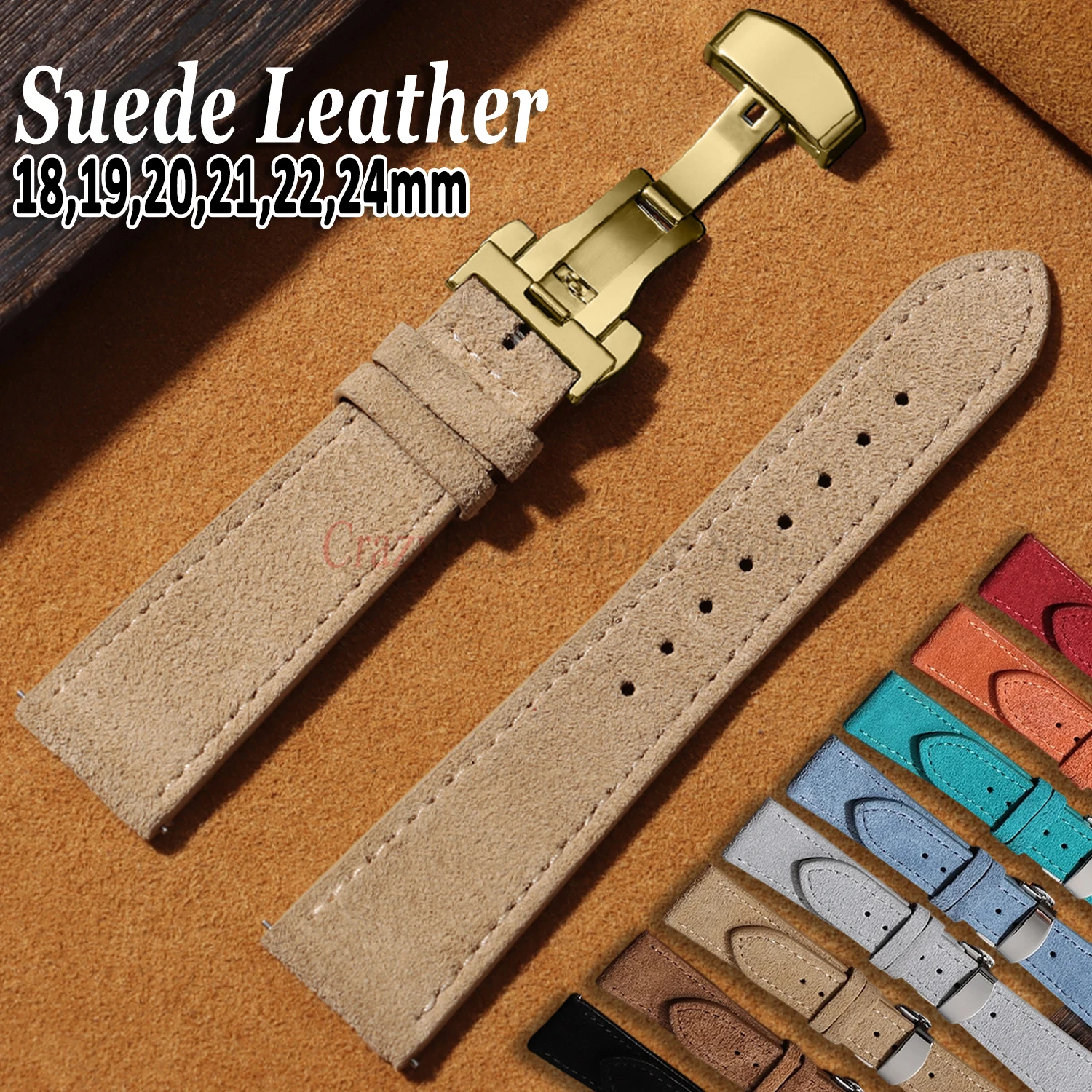 Bracelet de montre en cuir suédé véritable, pour montres Seiko à boucle papillon, accessoires, bracelet universel pour poignet Casio, 18mm, 19mm, 20mm, 22mm
