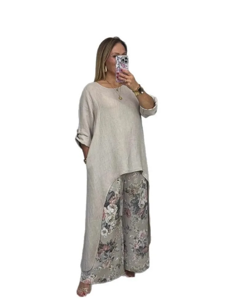 秋冬ファッション レディース ツーピースセット 新作 カジュアル コットンライン イレギュラートップ ワイドレッグ ベルト ポケット ツーピースセット