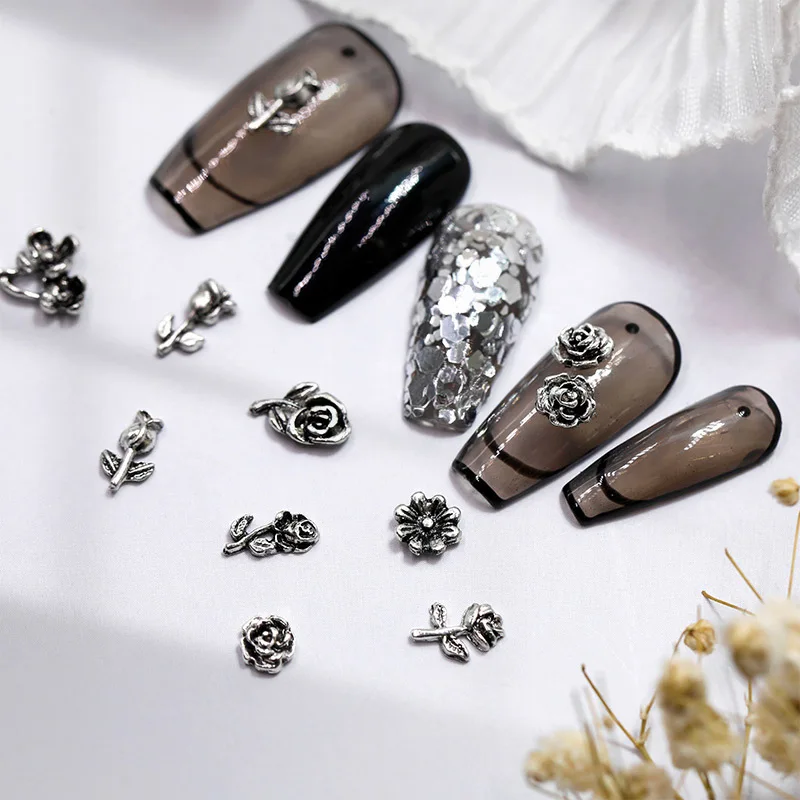 20Pcs/Lot Silver Rose Flower Nail Art Charm 3D Alloy Accessories Luxury Metal Ornament Jewelry Retro Nail Glitter Decoration