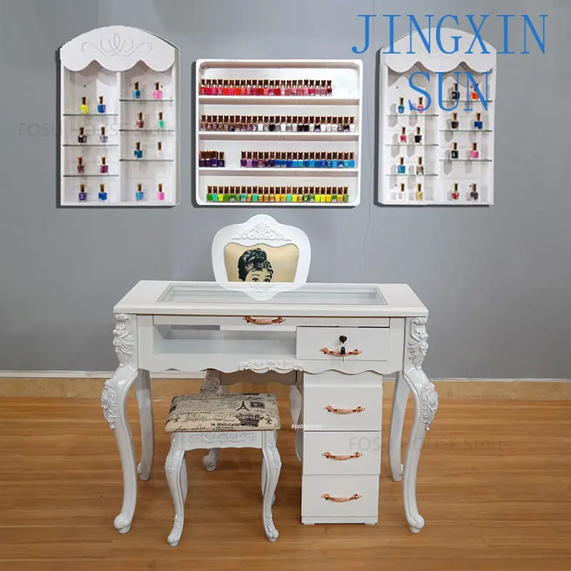 Retro Carved Nail Tables Beauty Salon European Manicure Table Chair Professional Salon Furniture Modern Home Luxury Glass Table