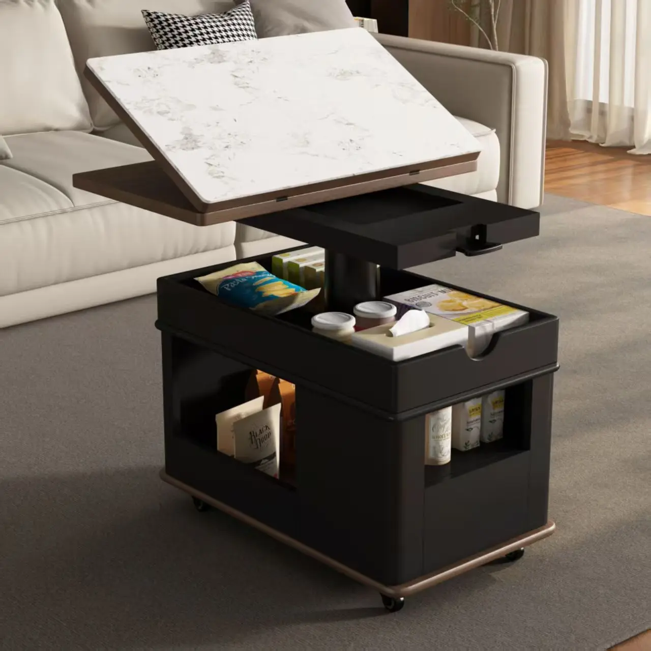 Modern Durable Stone Coffee Table With Lift Feature Foldable Design Adjustable Height Portable Storage Cart For Home Living Room