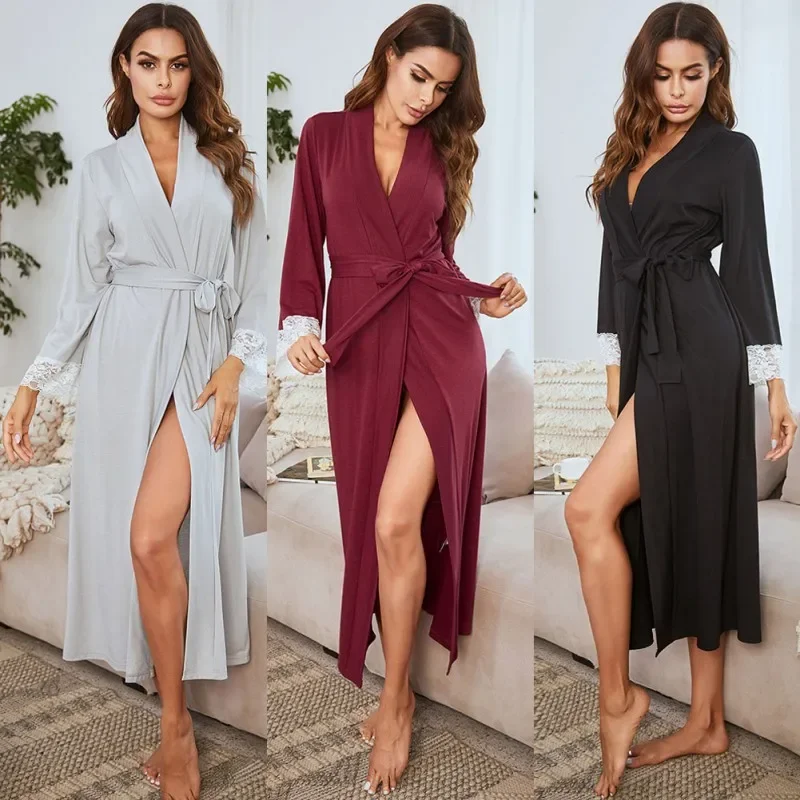 Women sleepwear sexy lace solid color cotton bathrobe plus size pajamas night gown casual home wear robe ladies dressing gowns