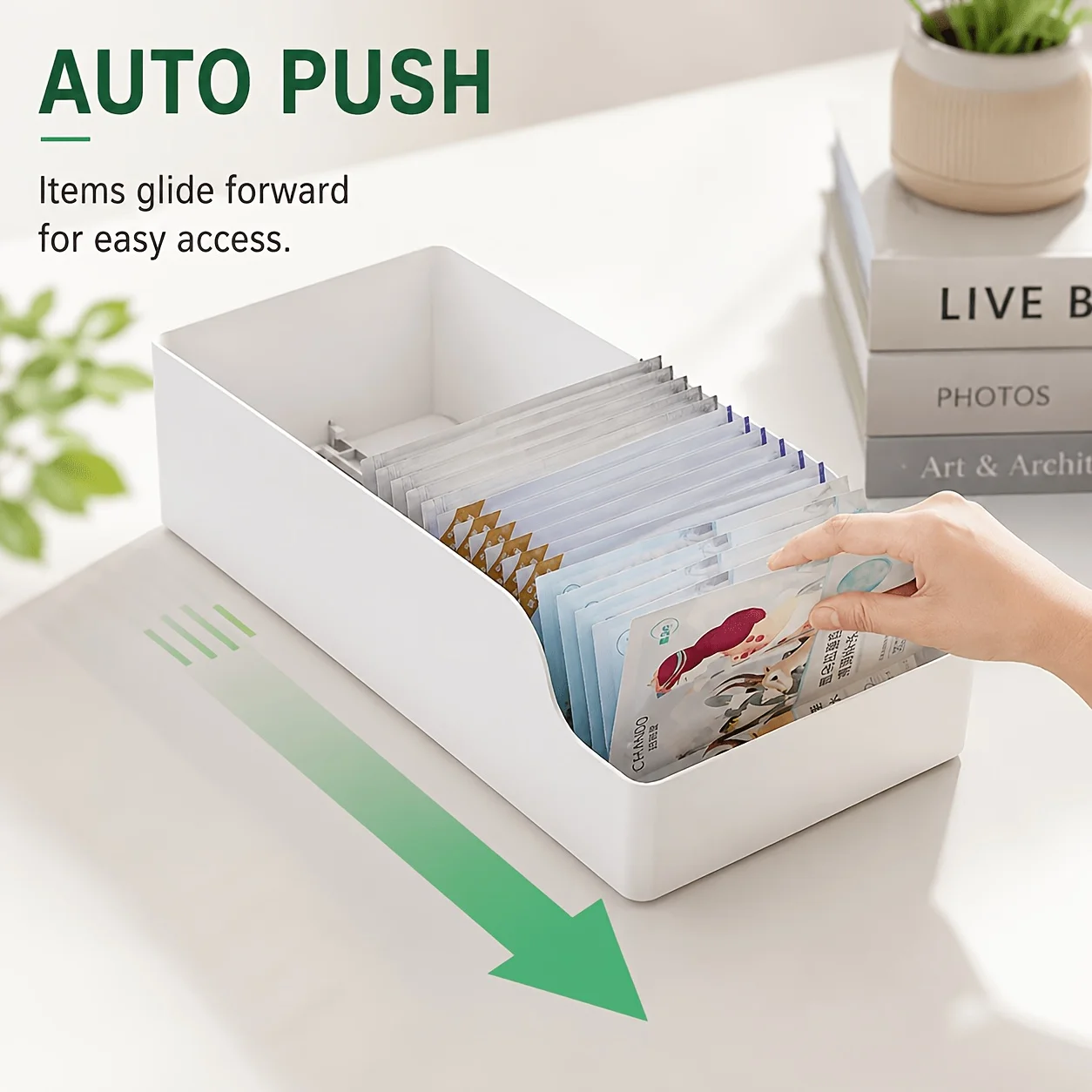 Self-pushing Storage Organizer Bin Auto Slide Forward Cabinet Container Non Slip Base for Kitchen Pantry Bathroom Daily Supplies
