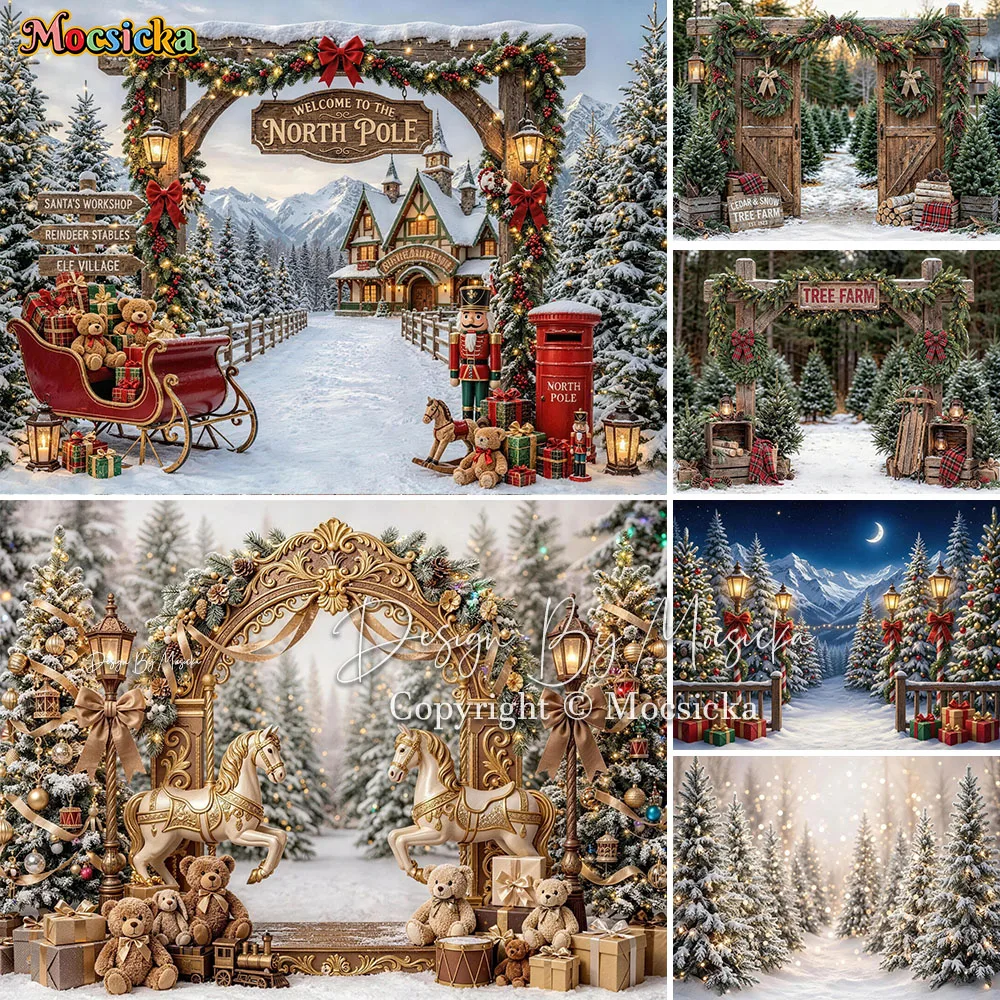 Mocsicka Backdrop Photography Christmas North Pole Sleigh Village Tree Farm Carousel Arch Background Winter Kids Photo Studio