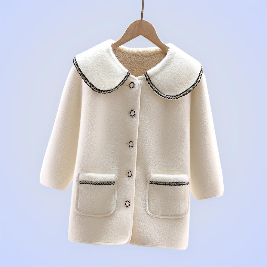 Girls Woolen Coat Autumn Winter Fashion Kids Thicken Mink Velvet Mid-Length Outwear For Teens Age 4-15 Years Overcoat