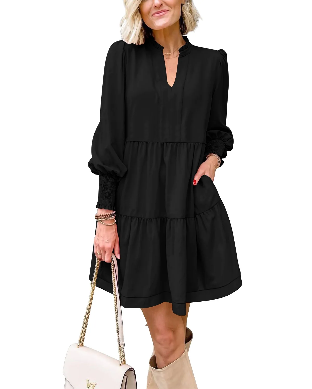 Summer Womens Ruffle Tiered Dress Casual V Neck Fall Long Sleeve Tunic Dress Solid Color Mini Dress Loose Tunic Shirt Dress