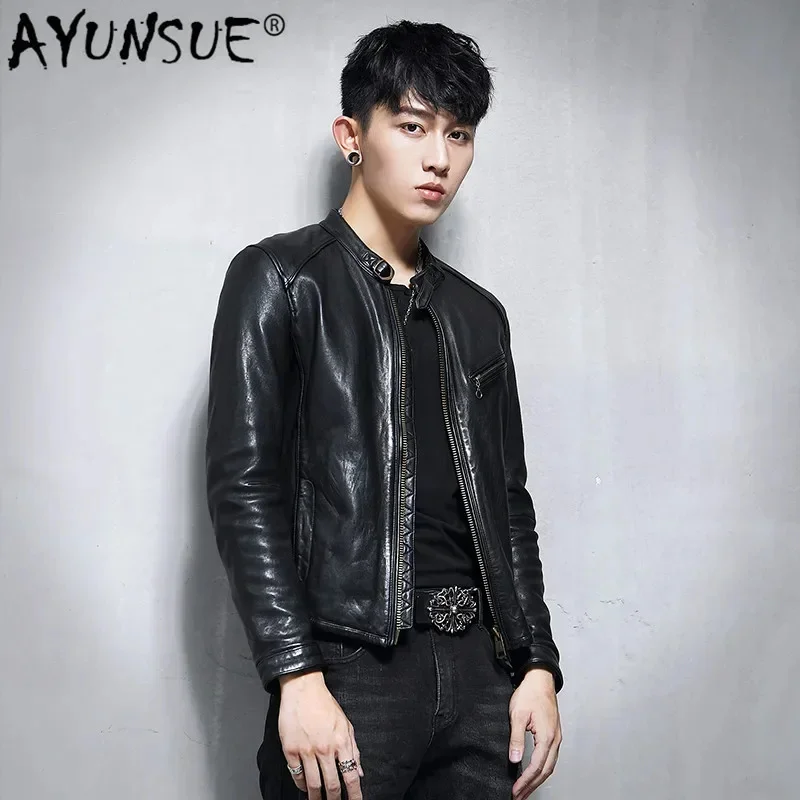 AYUNSUE Genuine Leather Jacket Men 100% Sheepskin Coat Biker Motorcycle Man Vlothes 2025 Slim Fit Vintage 1780A