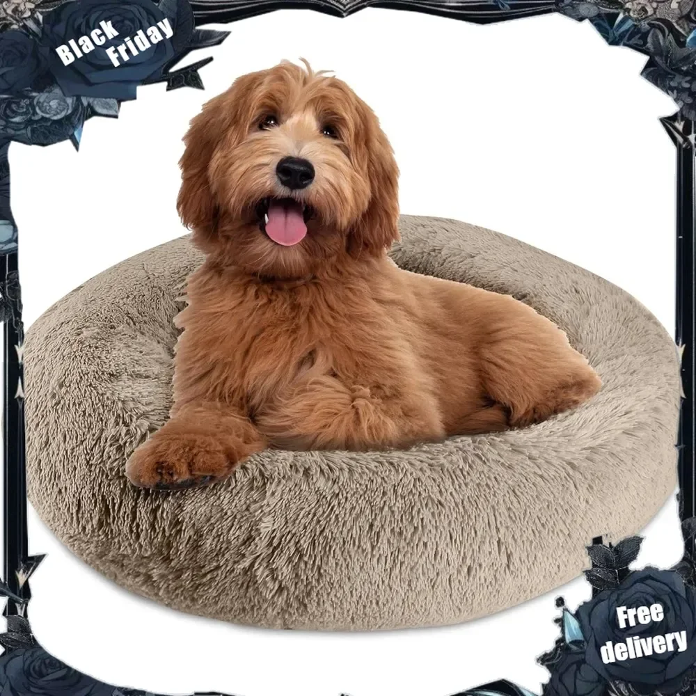 

Donut Round Pet Dog Bed Memory Foam Calming Reduce Anxiety Shaggy Vegan Fur