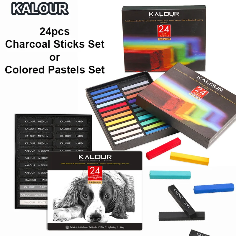 

KALOUR 24, набор художественных принадлежностей - мягкие пастельные или сжатые угольные палочки, профессиональный набор для рисования для художников, взрослых, начинающих детей