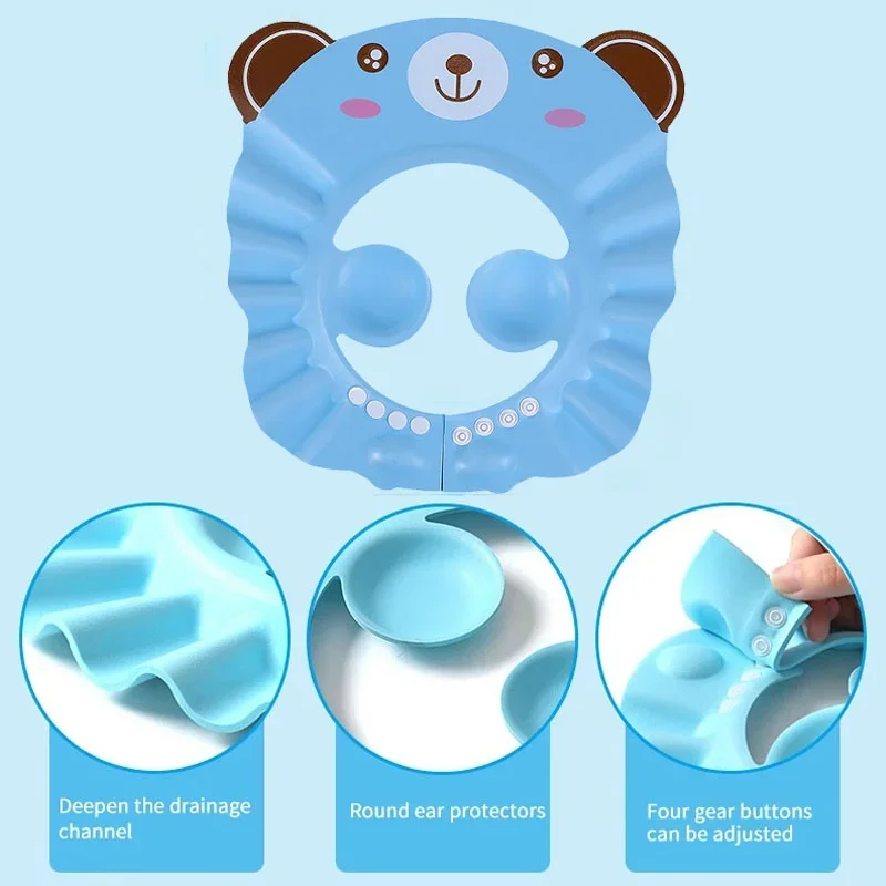 หมวกอาบน้ำเด็กแบบปรับได้พร้อมที่ป้องกันหู หมวกอาบน้ำสำหรับเด็กเล็ก เด็กวัยหัดเดิน อุปกรณ์เสริมสำหรับเวลาอาบน้ำ