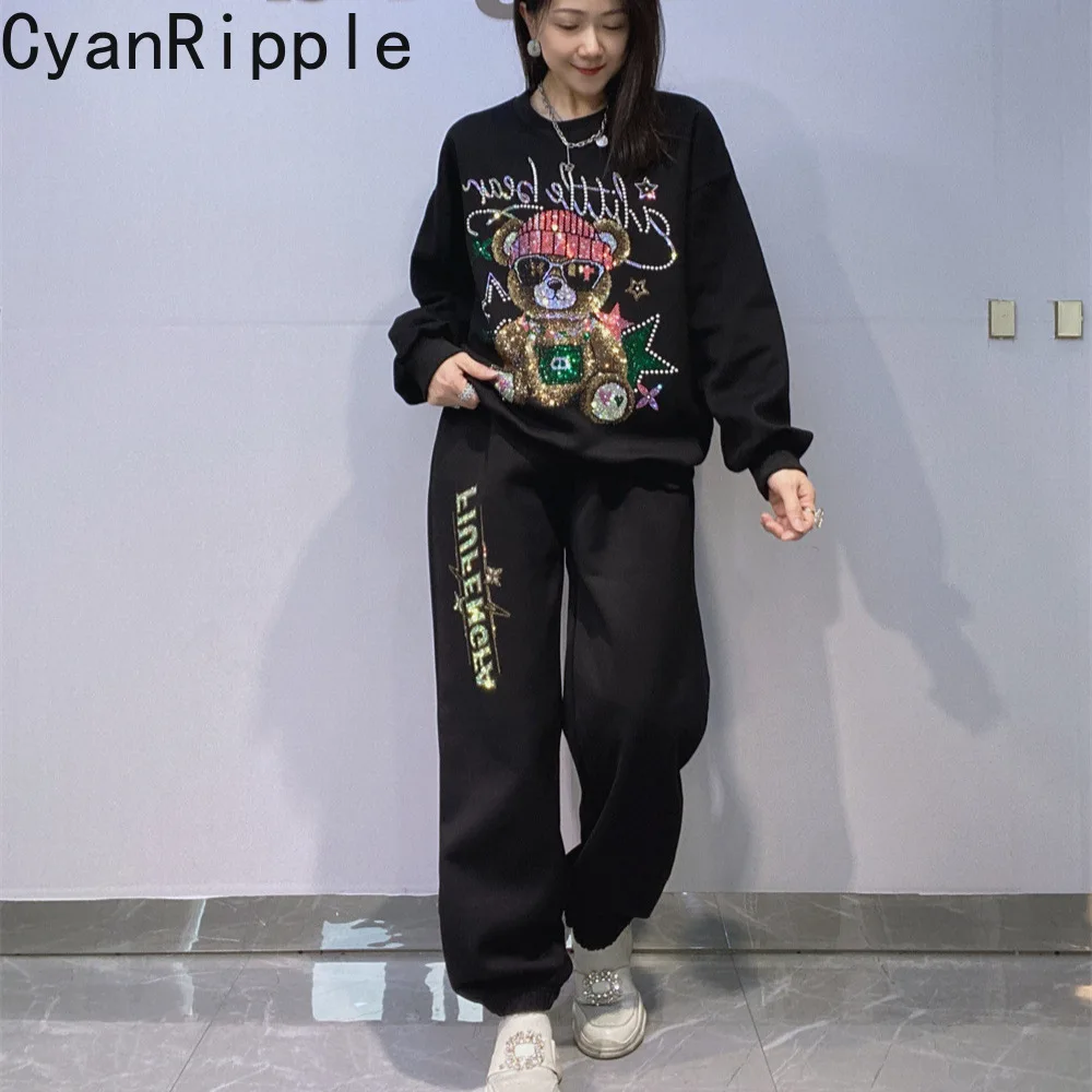 

Fashion Spring Autumn Women Hoodie Sets Bear Hot Diamonds Round Neck Pullover Top + Elastic Waist Loose Casual Sweat Pants Suits