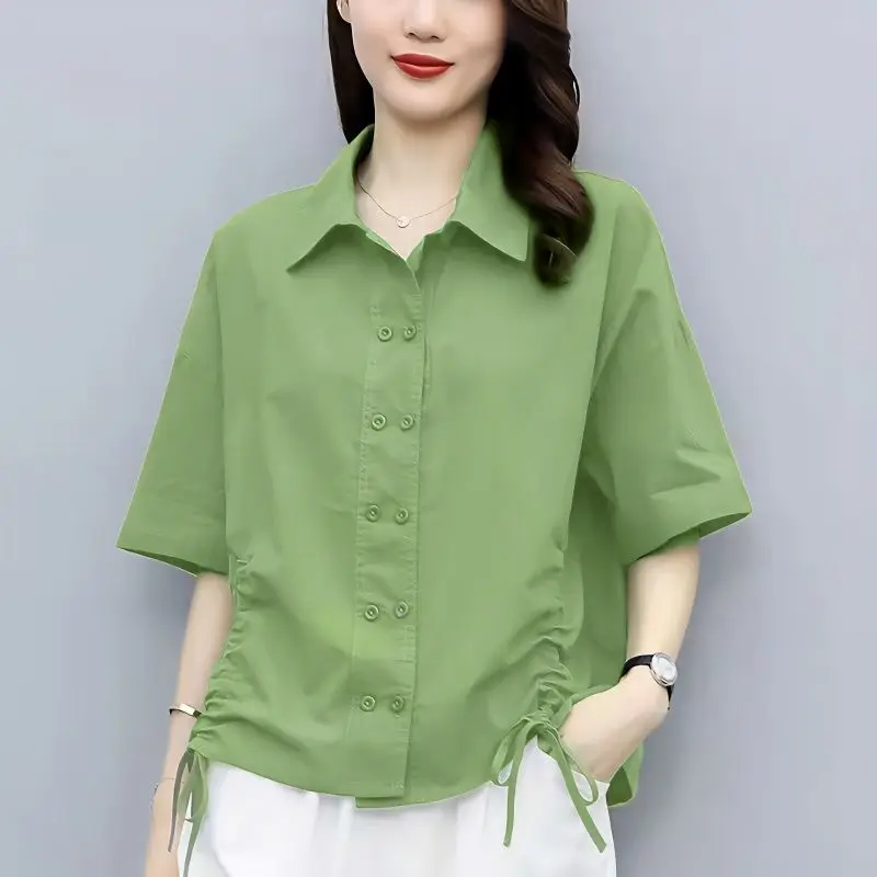 Stylish Shirring Drawstring Shirt Solid Color All-match Summer Casual Half Sleeve Female Clothing Commute Double Breasted Blouse