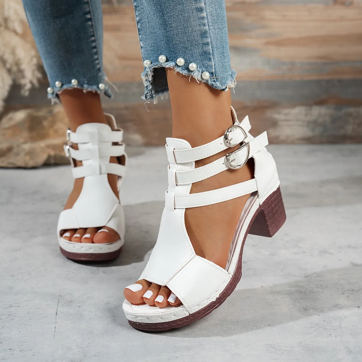 Summer Fashion Women Chunky High-Heeled Pumps Black White Sandals Casual Rome Gladiator Fish Mouth Sandals for Women image 3