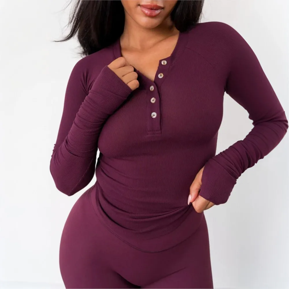 Girocollo raglan con bottoni, orlo curvo, top con strisce per dita, stile semplice, tutto-fiammifero, tinta unita, sottile, confortevole, casual, alla moda