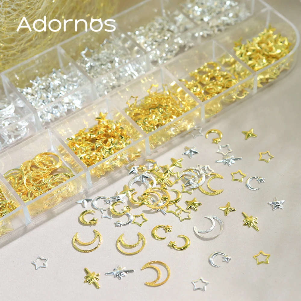 Estrellas doradas y plateadas, Luna, remaches metálicos, accesorios DIY, estrella hueca, Luna, purpurina, decoraciones artísticas para uñas, diseño de dijes de uñas 3D