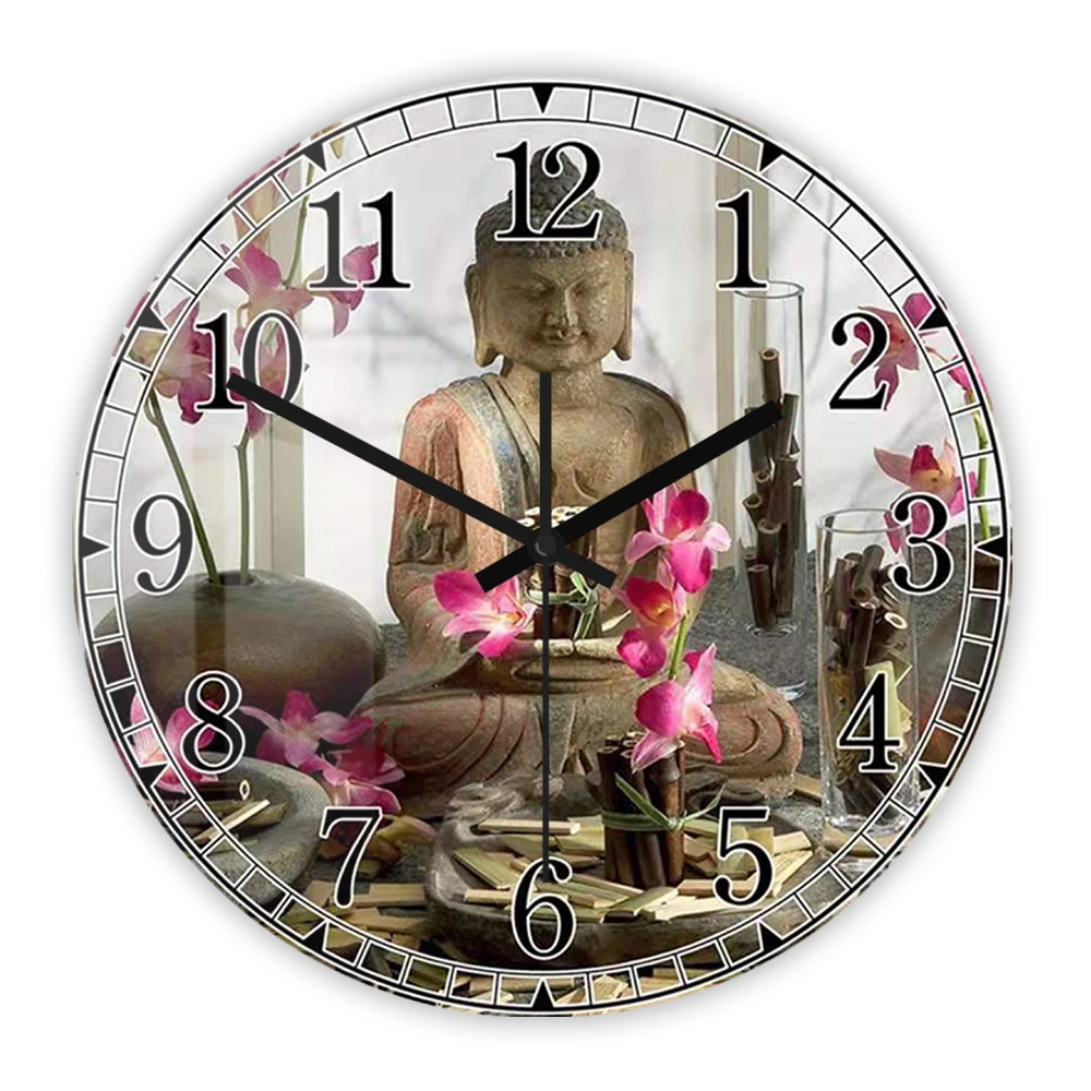 Buddha Lotus Printed Wall Clock Yoga Studio Zen Decor Buddhism Inspired Meditation Flower Lotus Modern Acrylic Hanging Watch