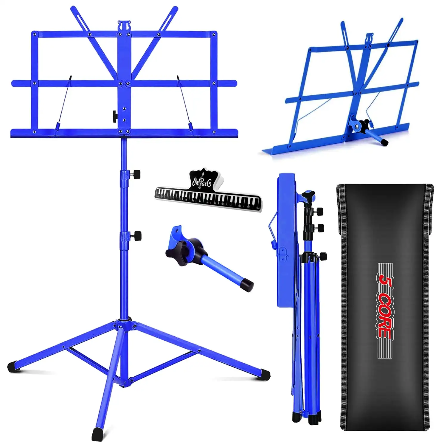 

5 Core Music Stand For Sheet Music Portable Tripod Adjustable Folding Note Holder MUS FLD BLU