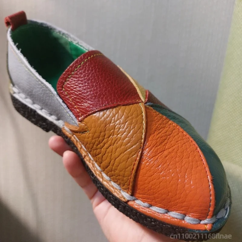 Neue Street-Dance-Schuhe, Damenschuhe im Ethno-Stil in Übergröße, farbblockierte Retro-Lederschuhe mit flachem Absatz und weicher Sohle