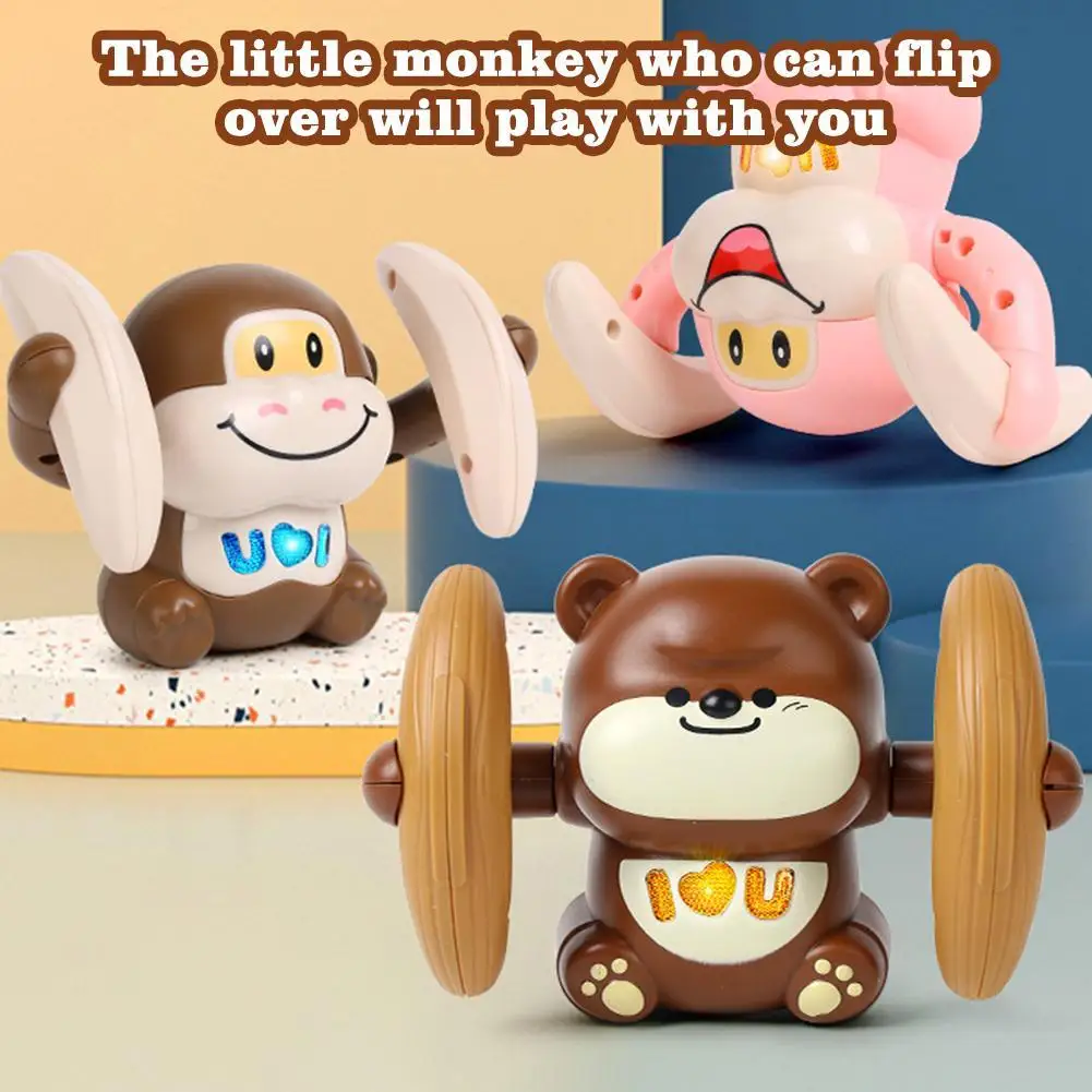 Electric tipping bucket monkey bear voice activated induction cartoon tumbling banana monkey toy for kids