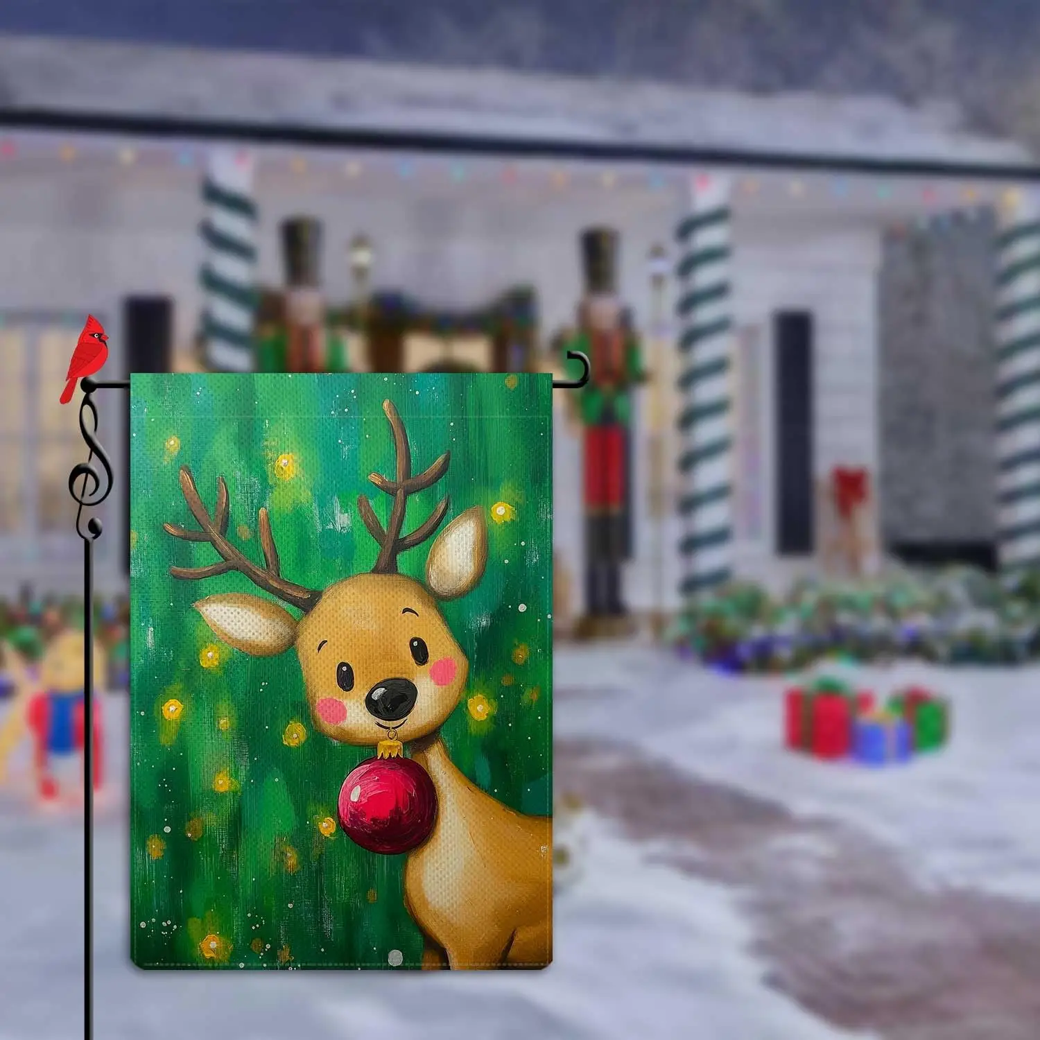 Merry Christmas Deer Garden Flag Oil Painting Xmas Ball Elk Winter Holiday Small Flag for Outside Xmas Decor Farmhouse Burla SSL