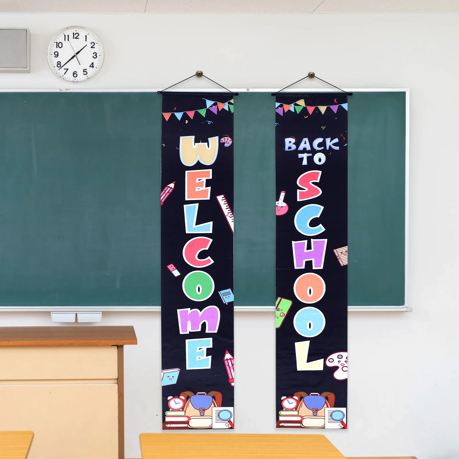 

2PCS Premium Polyester Classroom Door Decorative Curtains Back to School Season Banner Couplets Welcome Sign for School